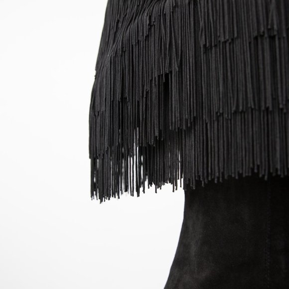 Vintage S/M Fringe Suede Leather Midi Dress Black - Picture 3 of 12